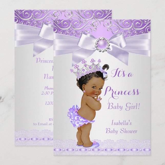 Invitation Lavande Blanc Lilac Princess Fête de Naissance Eth (Devant / Derrière)