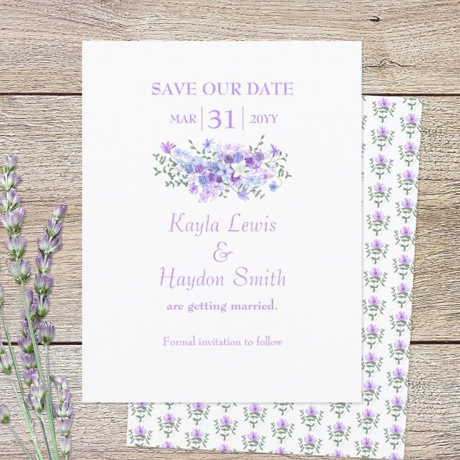Invitation Lavande, Bleu clair Bouquet Mariage Enregistrer la (lavender and dusty blue SAVE OUR DATE wedding announcement)