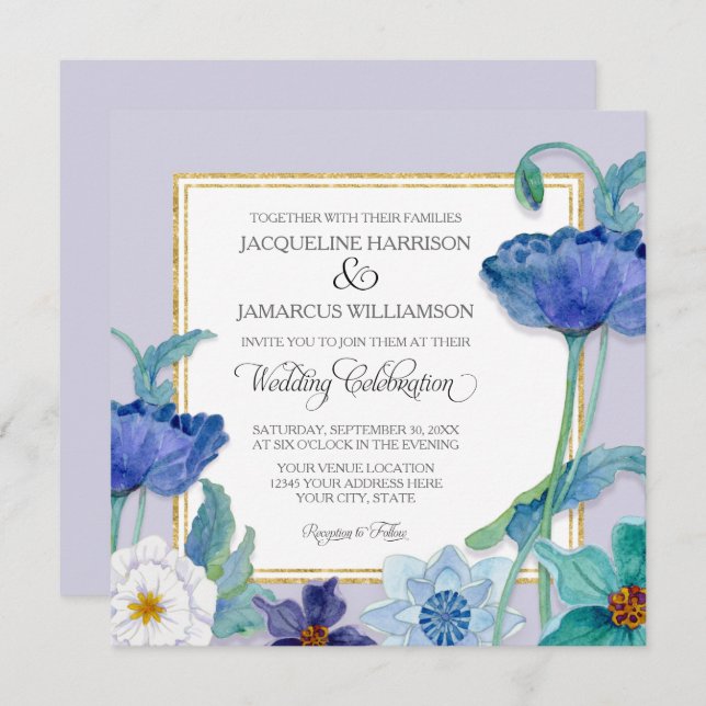 Invitation Lavande Bleu n Aquarelle blanche Pavot floral feui (Devant / Derrière)