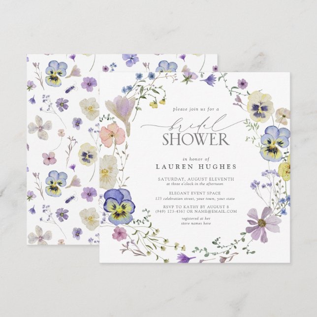 Invitation Lavande Bleue vintage Pressée Douche Fleur sauvage (Devant / Derrière)