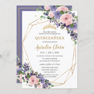 Invitation Lavande Blush Floral Géométrique 16e Quinceañera