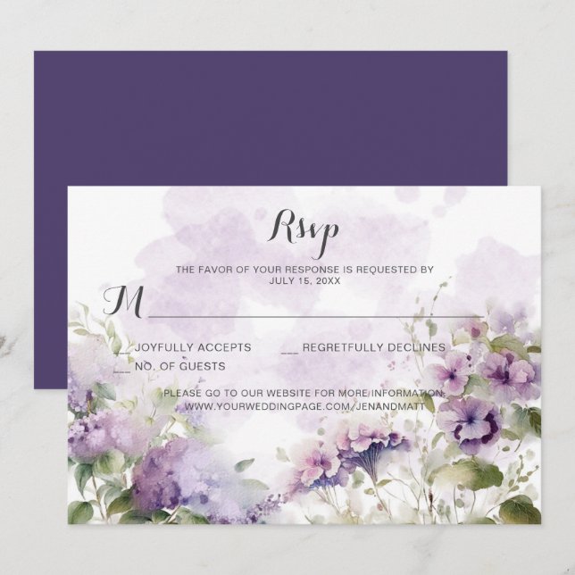 Invitation Lavande Boho Rustique Mariage Floral Violet (Devant / Derrière)