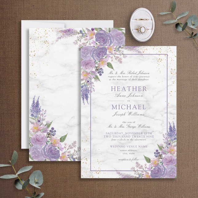 Invitation Lavande classique Lilac Marbre or Floral Mariage (Créateur téléchargé)