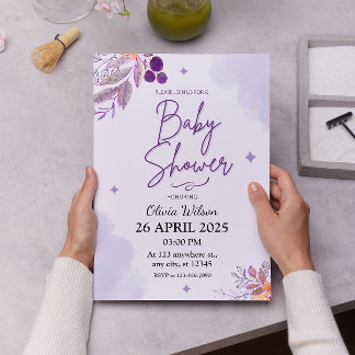Invitation Lavande d'aquarelle et Baby shower floral pourpre