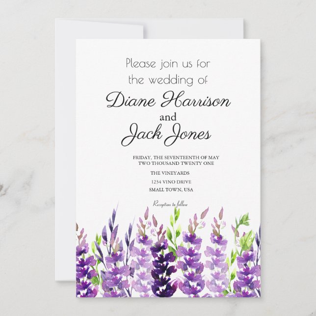 Invitation Lavande d'aquarelle Mariage violet (Devant)