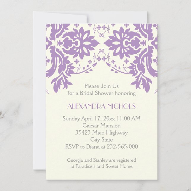 Invitation Lavande de Damas, gris, ivoire mariage douche nupt (Devant)