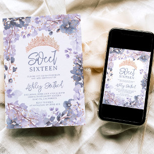 Invitation Lavande d'or tiara princesse fleurie Sweet 16