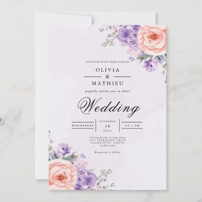 Invitation Lavande douce Coral Floral Romance Mariage (Devant)