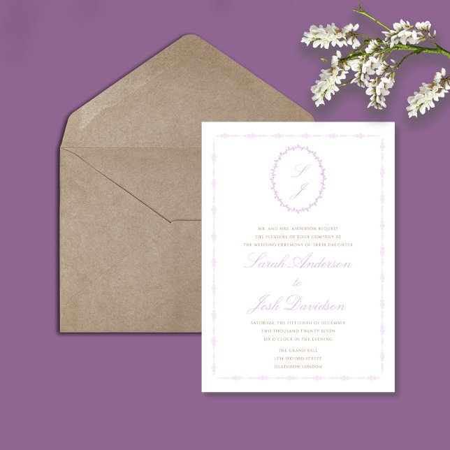Invitation Lavande Élégant Monogramme floral minimal (Créateur téléchargé)