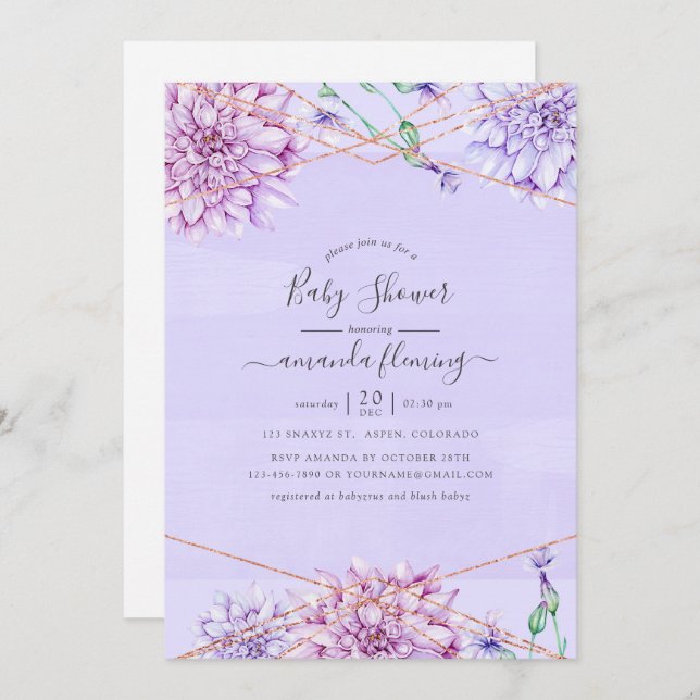 Invitation Lavande et Baby shower géométrique Floral Or (Devant / Derrière)