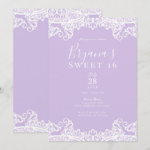 Invitation Lavande et dentelle blanche Élégante fête Sweet 16