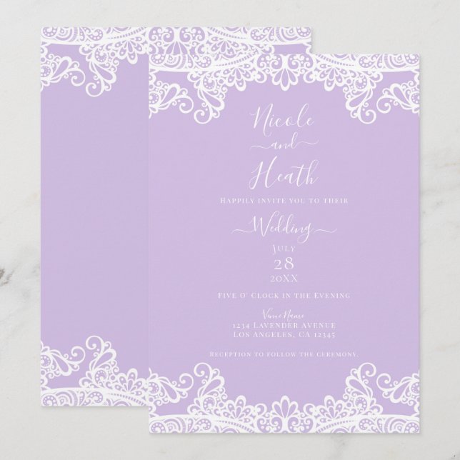 Invitation Lavande et Dentelle Blanche Mariage Élégant (Devant / Derrière)