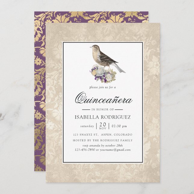 Invitation Lavande et ivoire Vintage Quinceañera (Devant / Derrière)