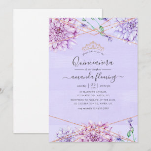 Invitation Lavande et Or Géométrique Floral Quinceañera