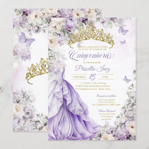 Invitation Lavande et papillon d'or Princesse Quinceañera