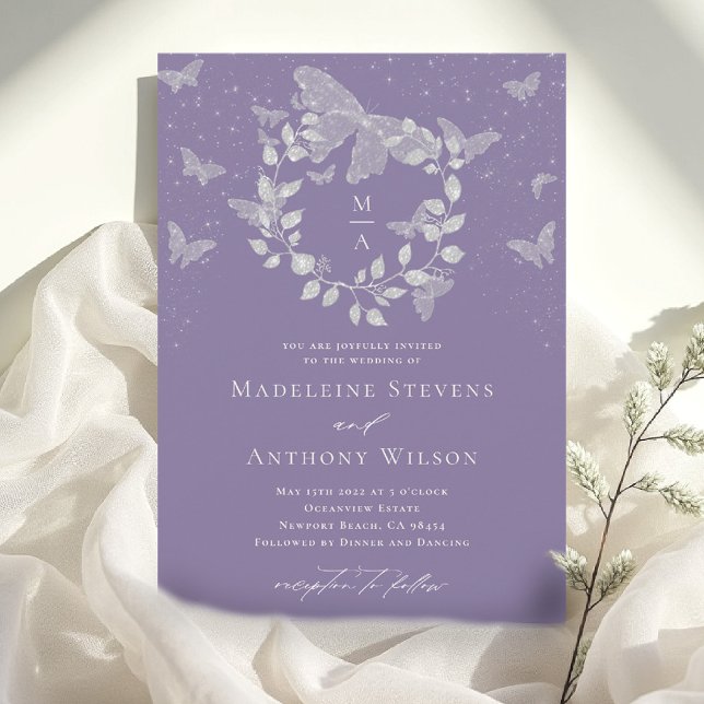 Invitation Lavande Eucalyptus Moderne Mariage Papillon Blanc (lavender wedding invitation butterfly eucalyptus modern classic romantic elegant initials bespoke)