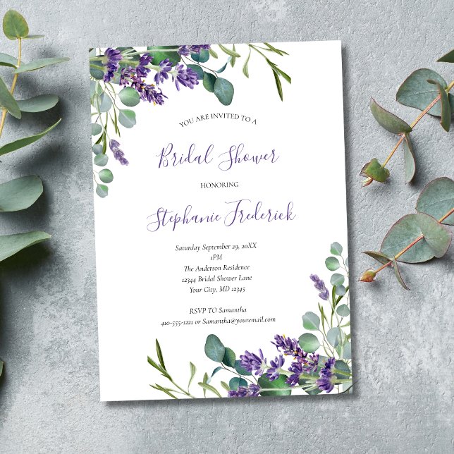 Invitation Lavande Eucalyptus Purple Fête des mariées verte (Lavender Eucalyptus Elegant Modern Bridal Shower Invitation, Printed and Digital Download)