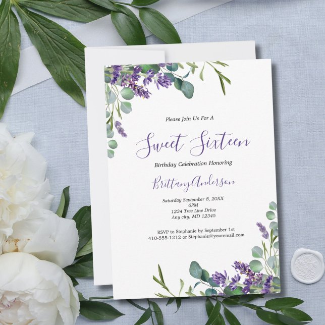 Invitation Lavande Eucalyptus Sweet sixteen 16 Anniversaire (Lavender and Eucalyptus Sweet Sixteen 16th birthday party invitation. Digital or Printed. )