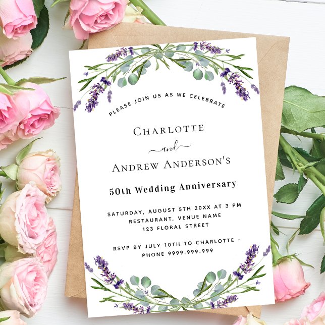Invitation Lavande fleurit luxe 50e anniversaire mariage (Créateur téléchargé)