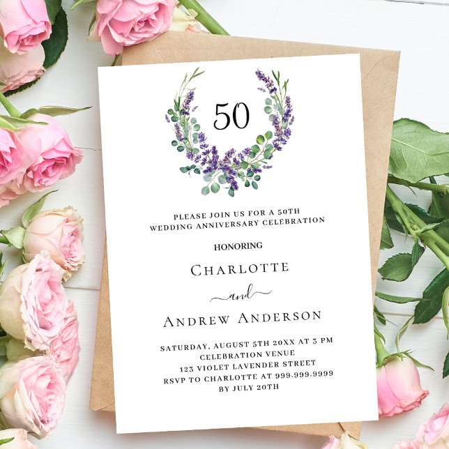 Invitation Lavande fleurit luxe 50e anniversaire mariage (Créateur téléchargé)