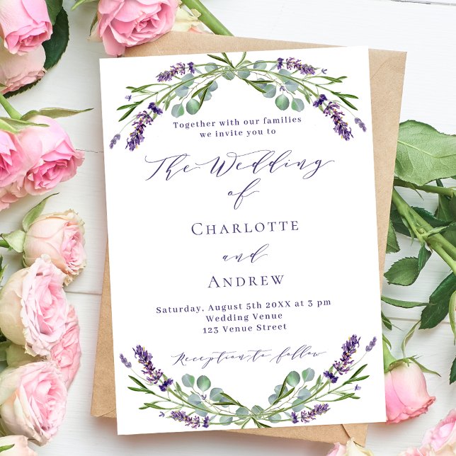 Invitation Lavande fleurit vert violet script mariage (Créateur téléchargé)