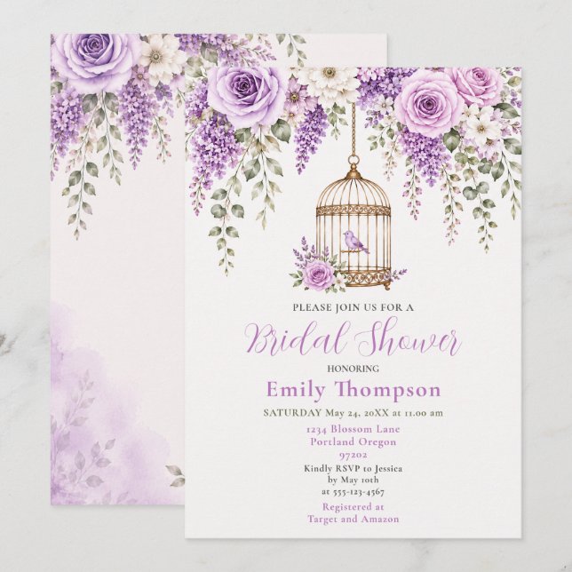 Invitation Lavande Fleurs Cage à Oiseaux Enterrement de Vie d (Devant / Derrière)