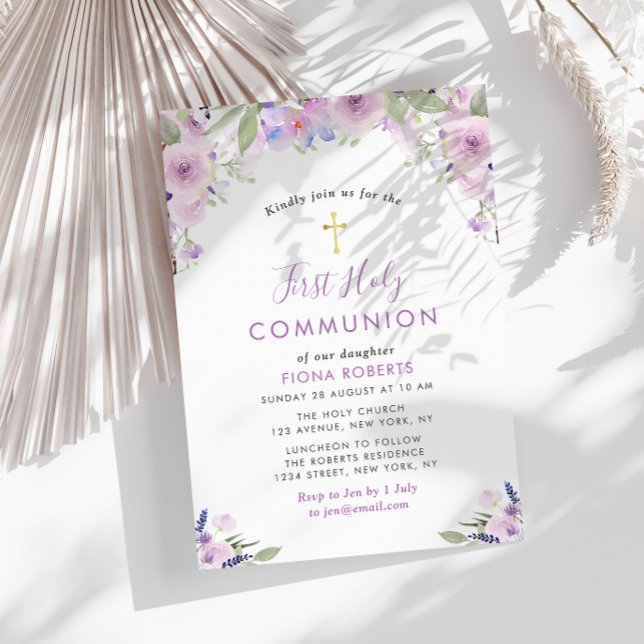 Invitation lavande fleurs pourpres première communion sainte (Créateur téléchargé)