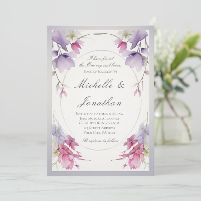 Invitation Lavande Fleurs roses Bible Mariage chrétien (Debout devant)