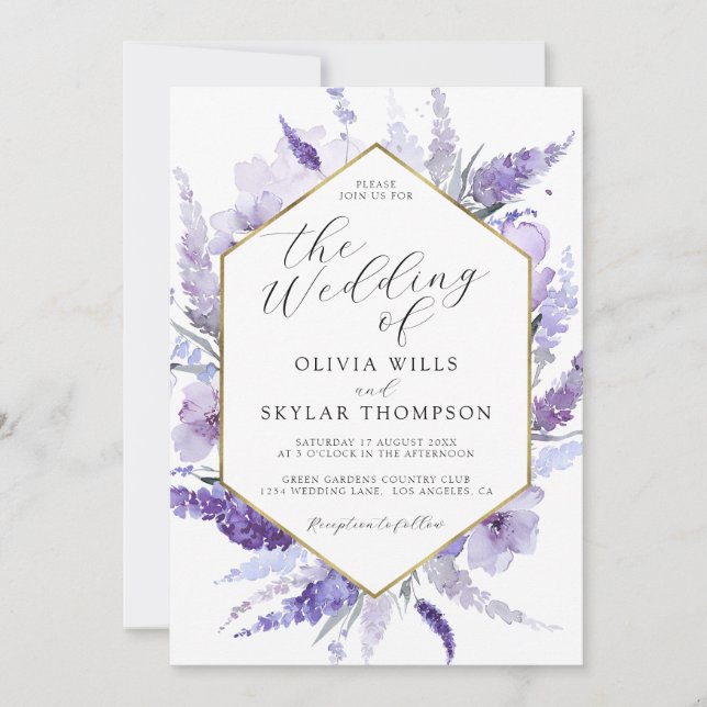 Invitation Lavande Florale Violet Lilac Golden Frame Mariage (Devant)