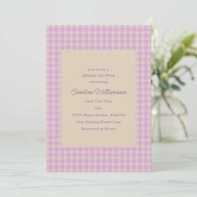 Invitation Lavande Gingham Mariage Classique Enterrement de V (Debout devant)