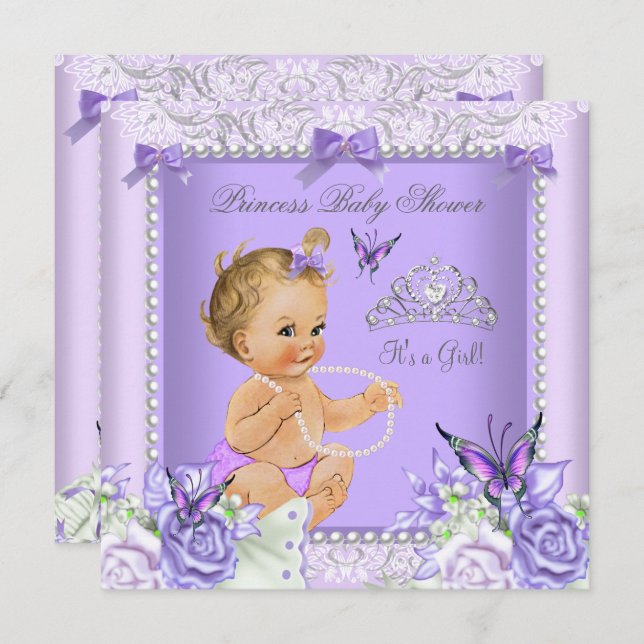 Invitation Lavande Grey Baby shower fille Blonde bébé (Devant / Derrière)