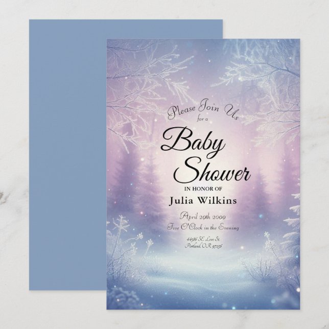 Invitation Lavande Hiver Snowfall Baby shower Serenade (Devant / Derrière)