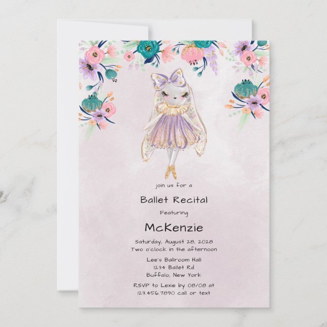 Invitation Lavande Lapin Lapin Ballerina Ballet Considérant (Devant)