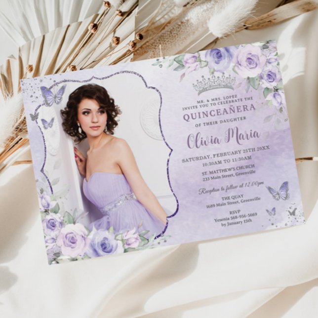 Invitation Lavande Lilac Purple Floral Photo Quinceañera (Créateur téléchargé)
