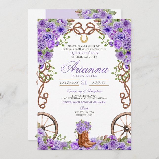 Invitation Lavande Lumière violet Ouest Charra Quinceañera (Devant / Derrière)