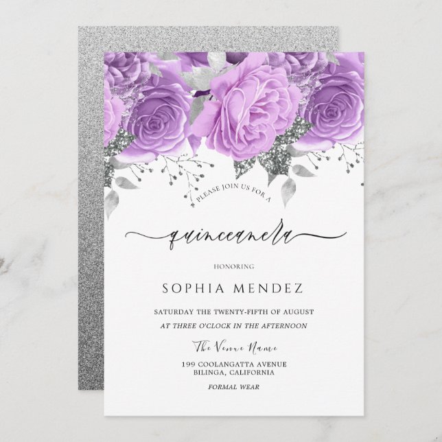 Invitation Lavande mauve Argent floral étincelle Quinceanera (Devant / Derrière)