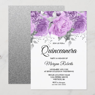 Invitation Lavande mauve Argent floral étincelle Quinceanera