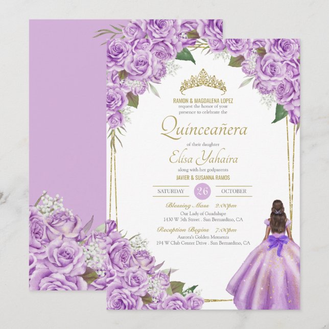 Invitation Lavande mauve Quinceanera Élégant Rose Floral (Devant / Derrière)