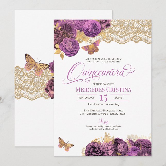 Invitation Lavande Mauve Roses & dentelle papillon Quinceañer (Devant / Derrière)