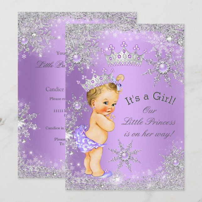 Invitation Lavande Merveilleux Monde de Bébé Princesse Blonde (Devant / Derrière)
