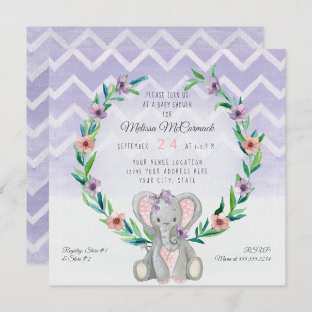 Invitation Lavande mignonne Baby Elephant Wreath Floral Chevr (Devant / Derrière)
