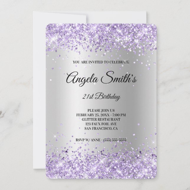 Invitation Lavande Parties scintillant Argent Satin Foil 21e  (Devant)
