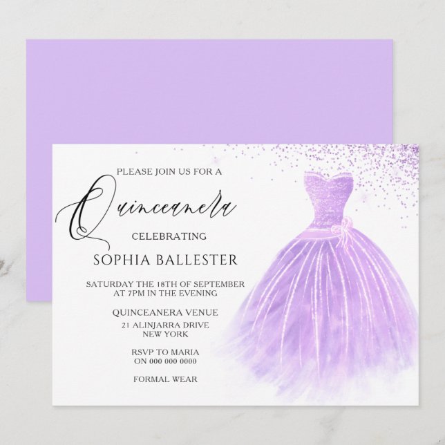 Invitation Lavande Parties scintillant violet Gown Quinceaner (Devant / Derrière)