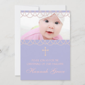 Invitation Lavande perle violette croix photo baptême
