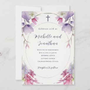 Invitation Lavande Pink Floral Bible Christian Cross Mariage
