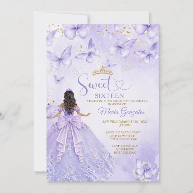 Invitation Lavande pour un Sweet 16 avec Papillons (Devant)