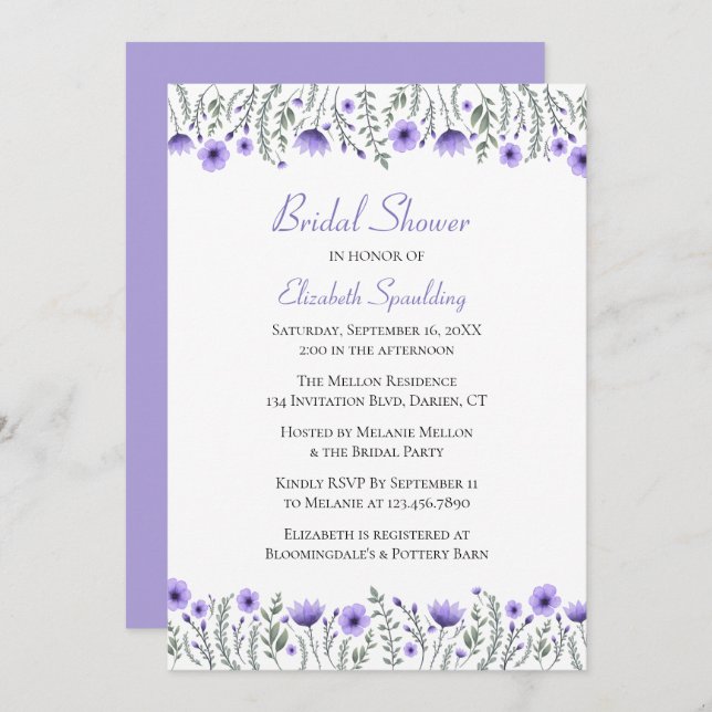 Invitation Lavande Purple Aquarelle Fête des mariées florale (Devant / Derrière)
