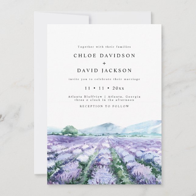 Invitation Lavande Purple Aquarelle Verdure Mariage rustique (Devant)