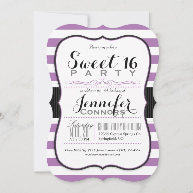 Invitation Lavande Purple & Blancs Sweet 16 Party (Devant)