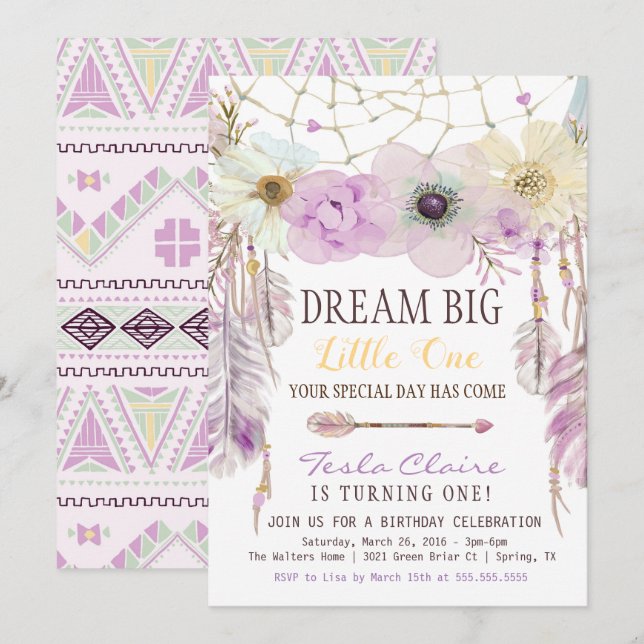 Invitation Lavande & Purple Dream Catcher Boho Anniversaire (Devant / Derrière)